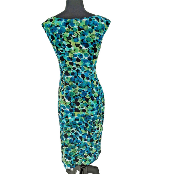 Connected Apparel Woman's Blue Green Faux Wrap Dress Size 4 Ruched Waist Stretch - Picture 3 of 8